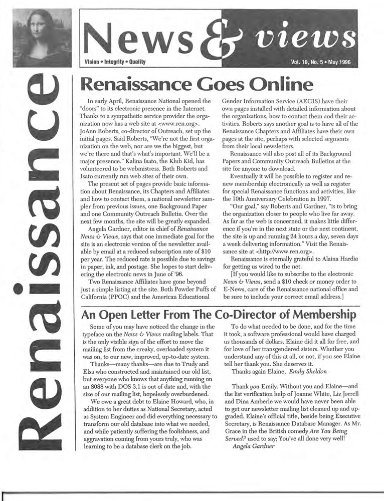 Download the full-sized PDF of Renaissance News & Views Vol. 10, No. 5 (May, 1996)
