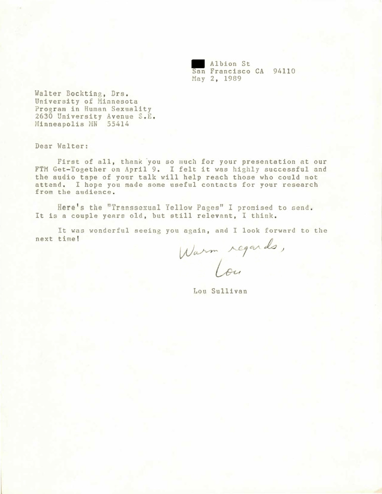 Download the full-sized PDF of Correspondence from Lou Sullivan to Walter Bockting (May 2, 1989)