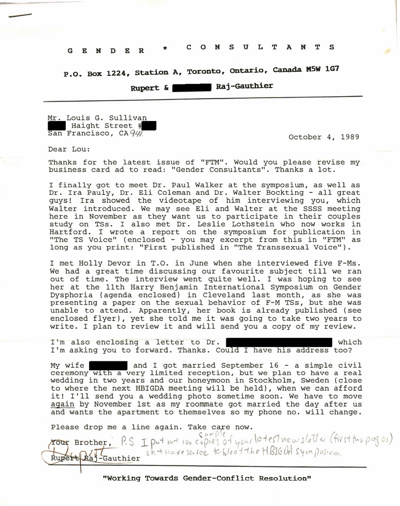 Download the full-sized PDF of Correspondence from Rupert Raj to Lou Sullivan (October 4, 1989)