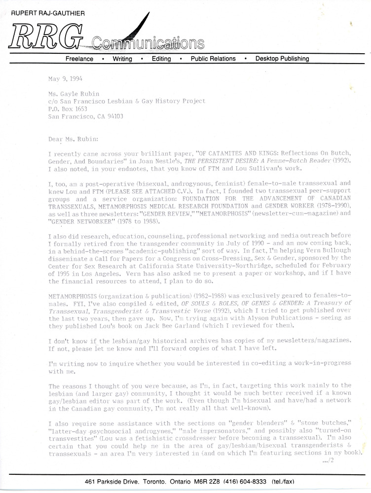 Download the full-sized PDF of Letter from Rupert Raj to Gayle Rubin (May 9, 1994)