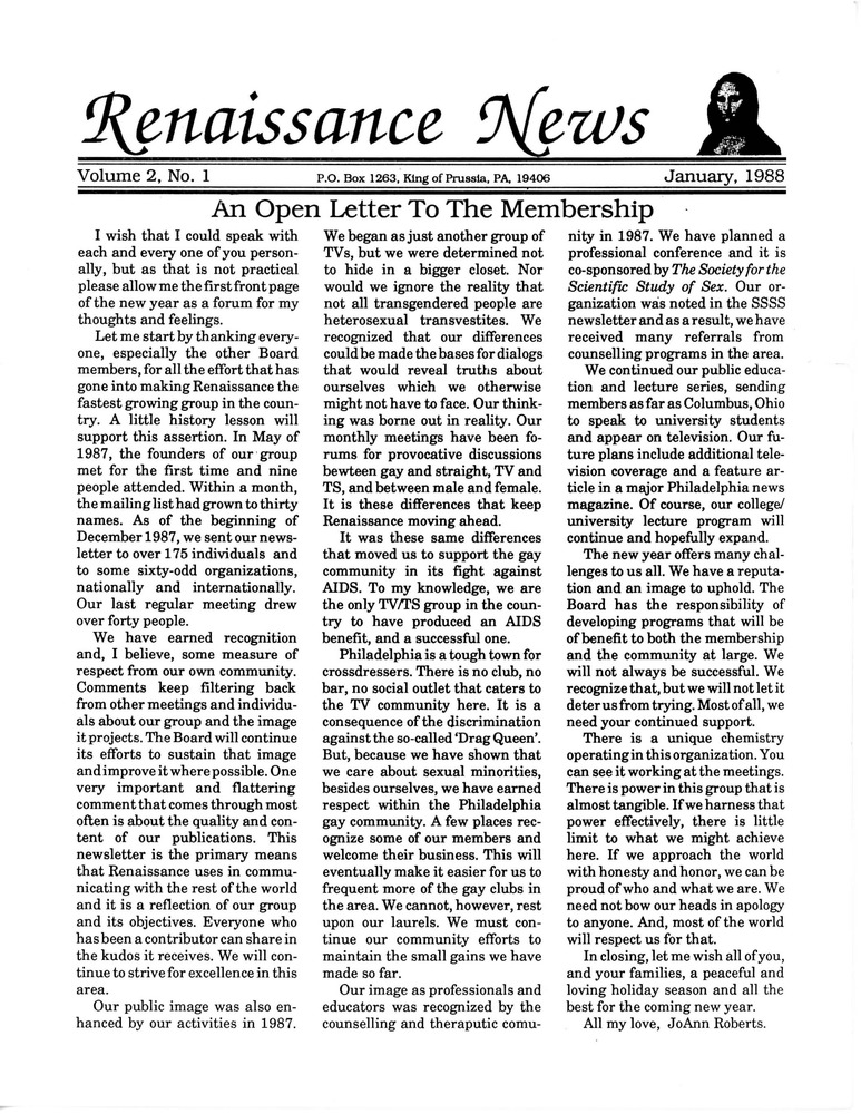 Download the full-sized PDF of Renaissance News, Vol. 2 No. 1 (January 1988)