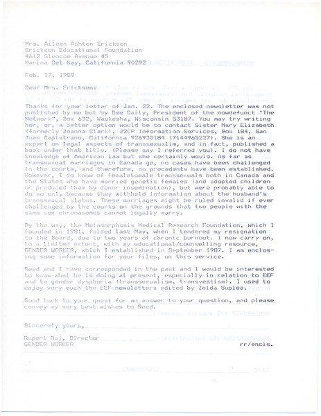 Download the full-sized image of Letter from Rupert Raj to Aileen Erickson (February 17, 1989)