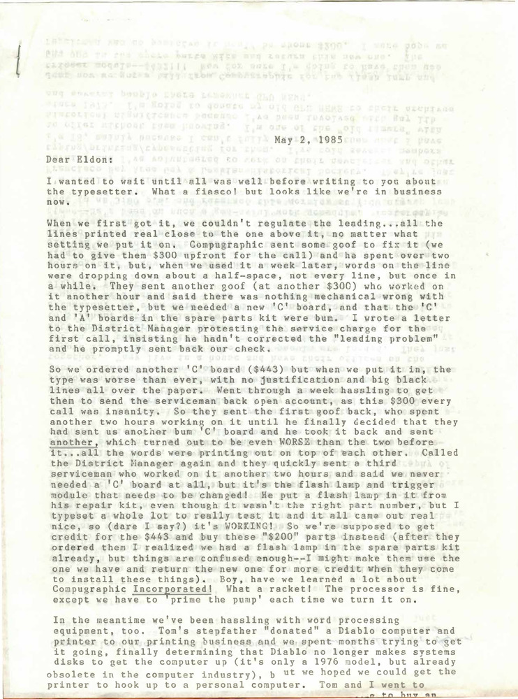 Download the full-sized PDF of Correspondence from Lou Sullivan to Eldon Murray (May 2, 1985)