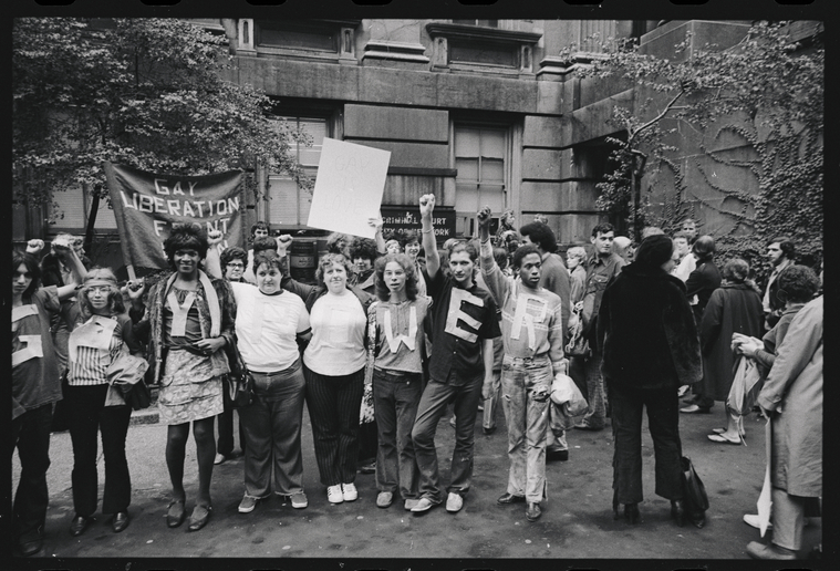 Download the full-sized image of A Photograph of Gay Liberation Front Members at New York City Hall Featuring Marsha P. Jonhson and Sylvia Rivera