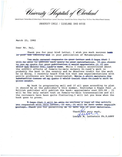 Download the full-sized image of Letter from Leslie Lothstein to Rupert Raj (March 23, 1982)