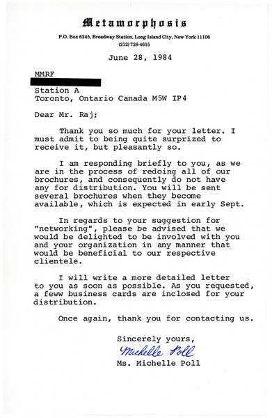 Download the full-sized image of Letter from Michelle Poll to Rupert Raj (June 28, 1984)