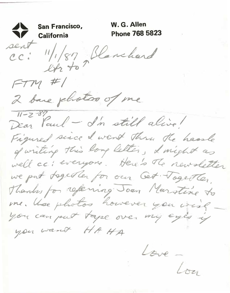 Download the full-sized PDF of Correspondence from Lou Sullivan to Paul Walker (November 1, 1987)