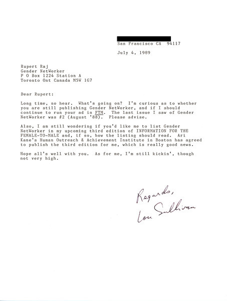 Download the full-sized image of Letter from Lou Sullivan to Rupert Raj (July 4, 1989)