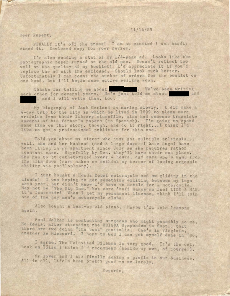 Download the full-sized PDF of Correspondence from Lou Sullivan to Rupert Raj (November 14, 1985)