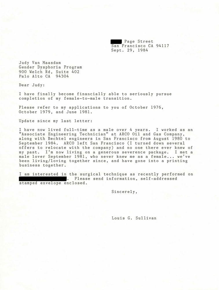 Download the full-sized PDF of Correspondence from Lou Sullivan to Judy Van Maasdam (September 29, 1984)