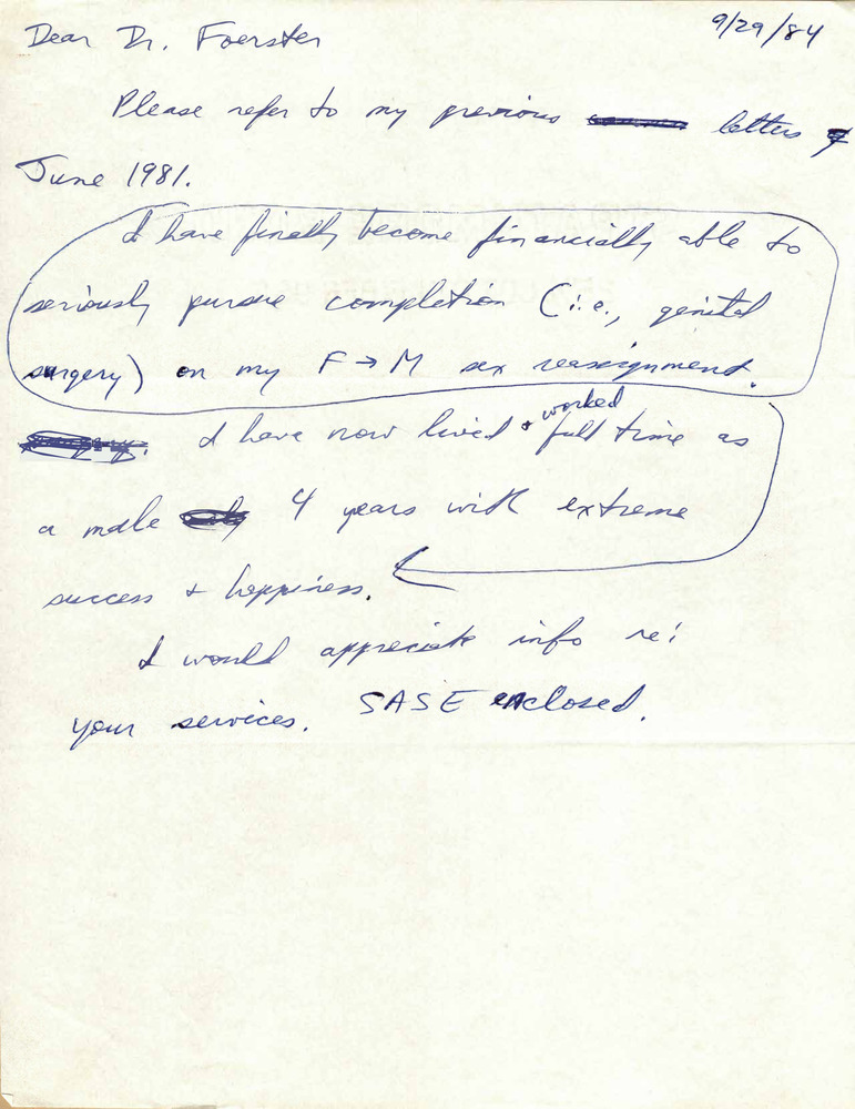 Download the full-sized PDF of Correspondence from Lou Sullivan to David Foerster (September 29, 1984)