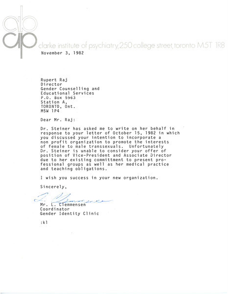 Download the full-sized image of Letter from L. Clemmensen to Rupert Raj (November 3, 1982)