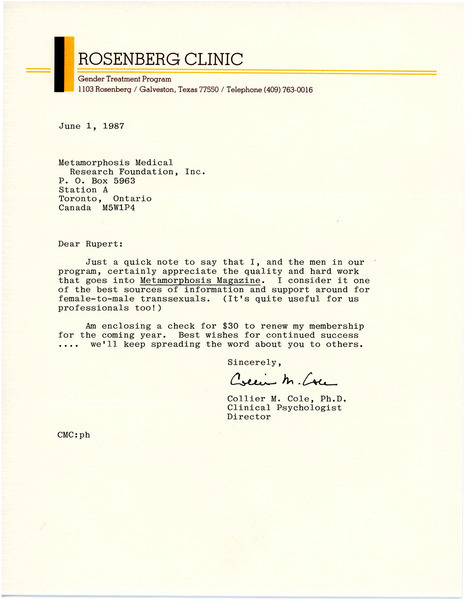 Download the full-sized image of Letter from Collier M. Cole to Rupert Raj (June 1, 1987)