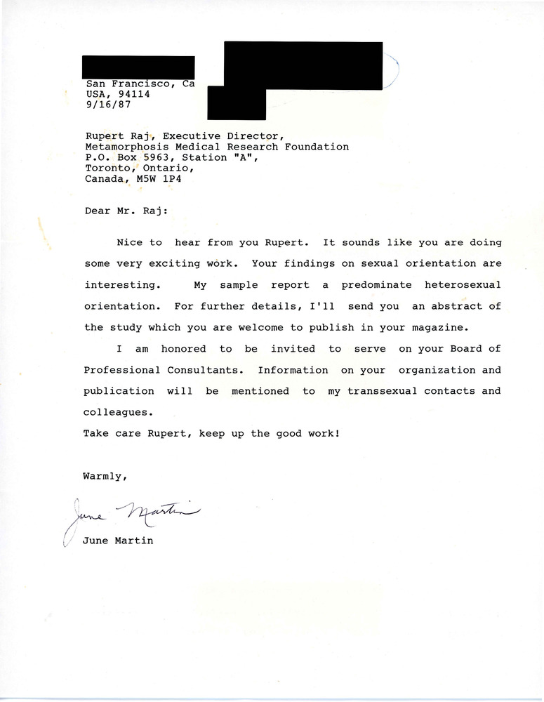 Download the full-sized PDF of Letter from June Martin to Rupert Raj (September 16, 1987)