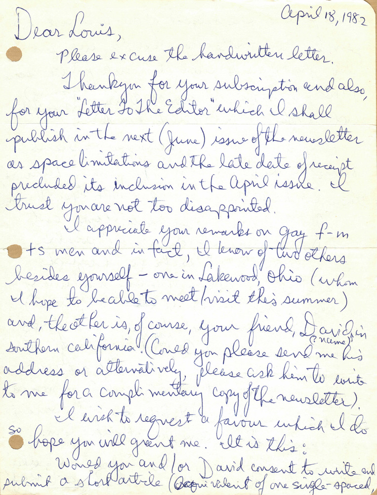 Download the full-sized PDF of Correspondence from Rupert Raj to Lou Sullivan (April 18, 1982)