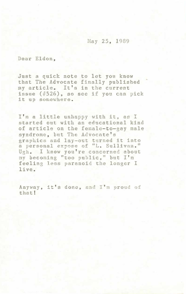 Download the full-sized PDF of Correspondence from Lou Sullivan to Eldon Murray (May 25, 1989)