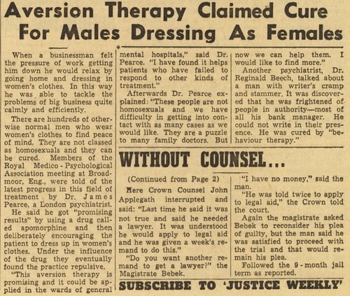 Download the full-sized image of Aversion therapy claimed cure for males dressing as females