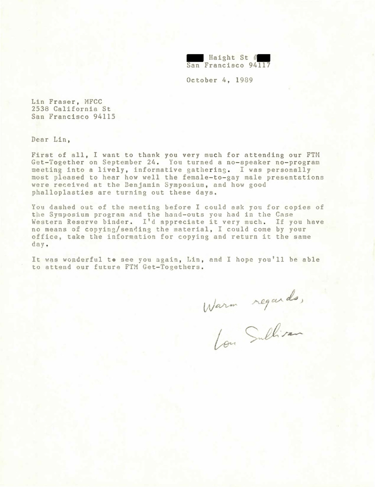 Download the full-sized PDF of Correspondence from Lou Sullivan to Lin Fraser (October 4, 1989)