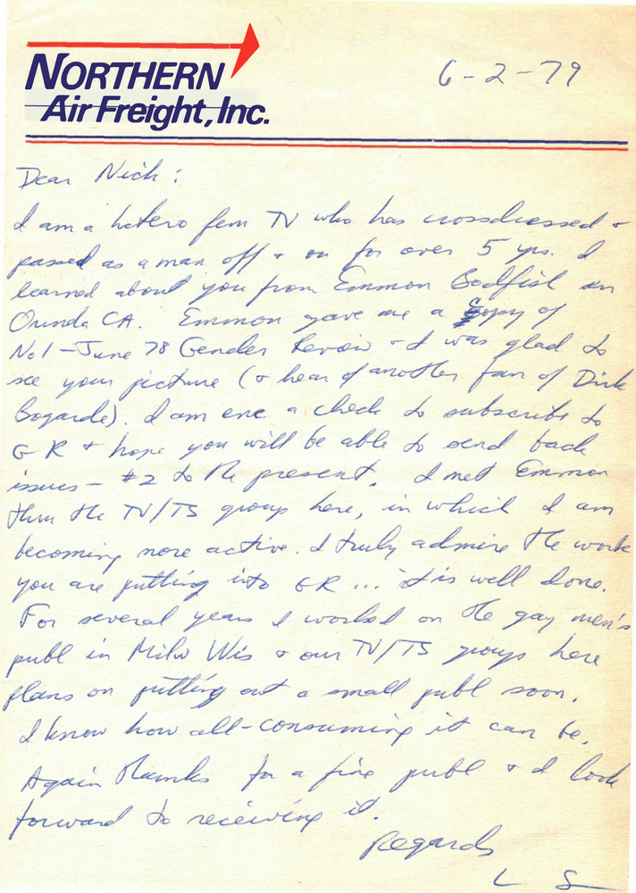 Download the full-sized PDF of Correspondence from Lou Sullivan to Nicholas Ghosh (June 2, 1979)