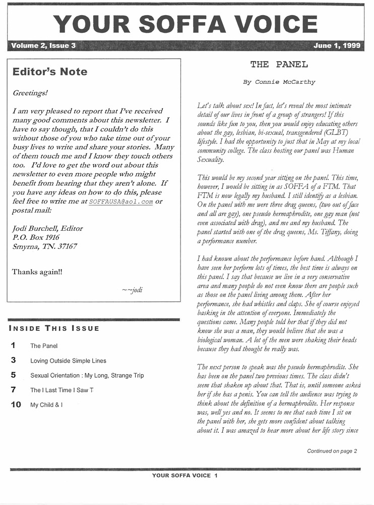 Download the full-sized PDF of Your SOFFA Voice Vol. 2, Issue 3 (June, 1999)