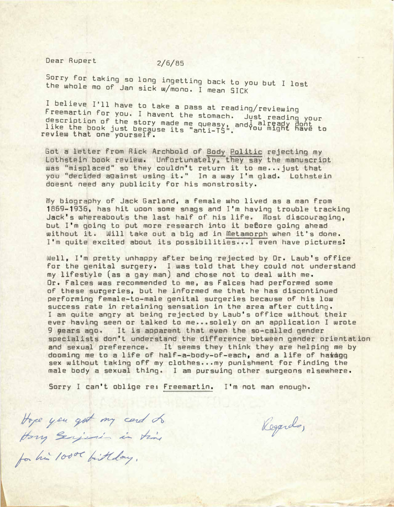 Download the full-sized PDF of Correspondence from Lou Sullivan to Rupert Raj (February 6, 1985)