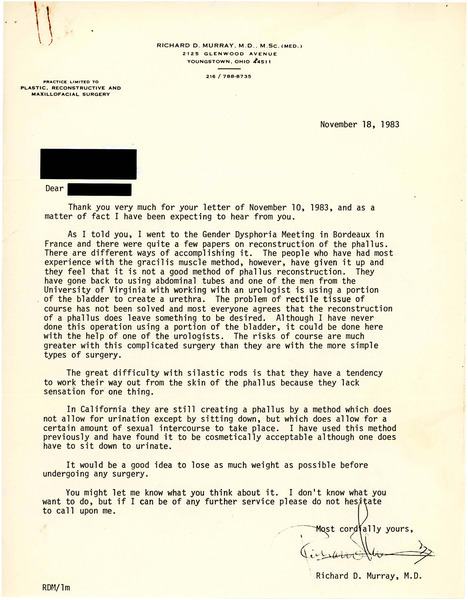 Download the full-sized image of Letters from Dr. Richard D. Murray to Rupert Raj (November 18, 1983)
