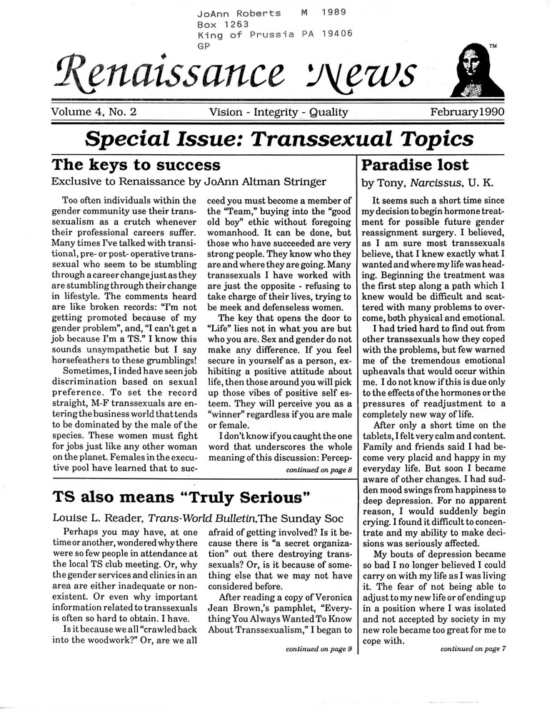 Download the full-sized PDF of Renaissance News, Vol. 4 No. 2 (February 1990)