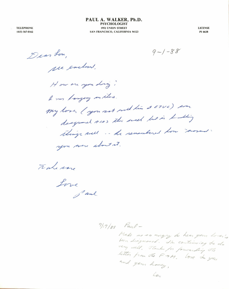 Download the full-sized PDF of Correspondence from Paul Walker to Lou Sullivan (September 1, 1988)