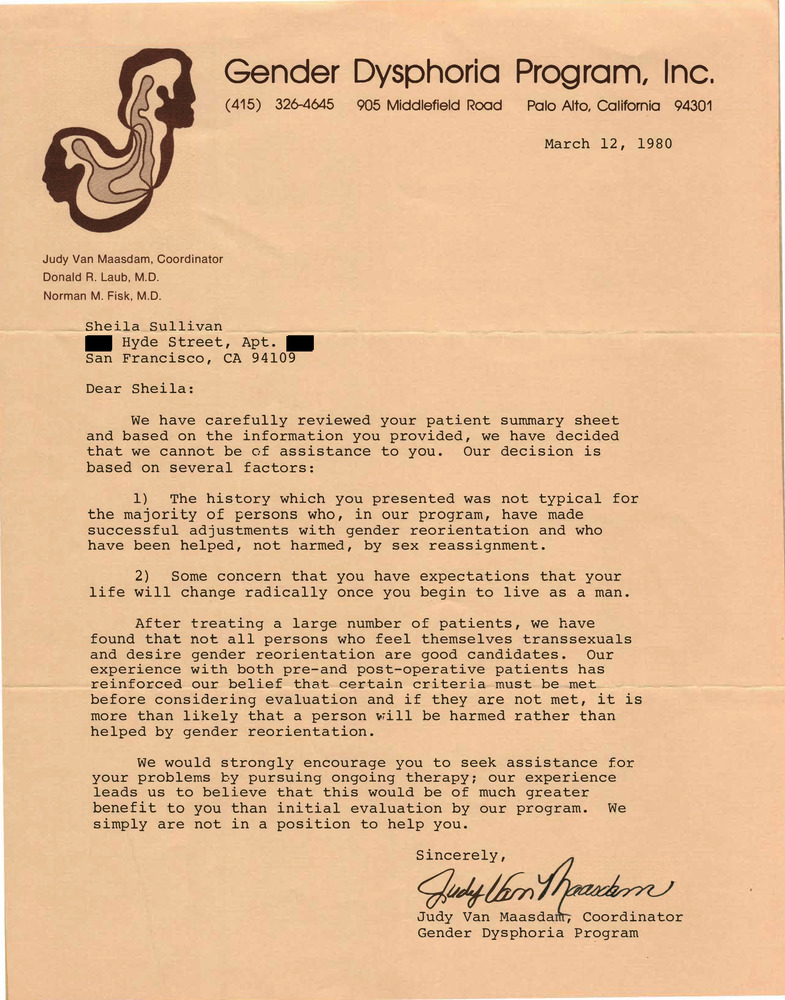 Download the full-sized PDF of Lou Sullivan's Rejection Letter from Stanford University's Gender Dysphoria Program (March 12, 1980)