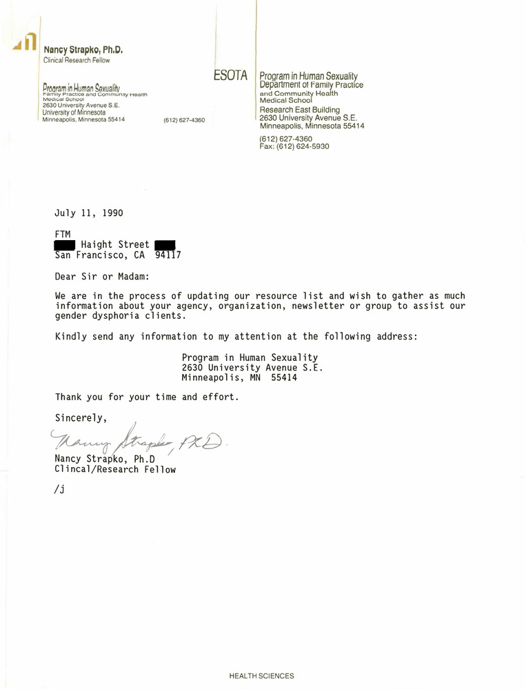 Download the full-sized PDF of Correspondence from Nancy Strapko to Lou Sullivan (July 11, 1990)