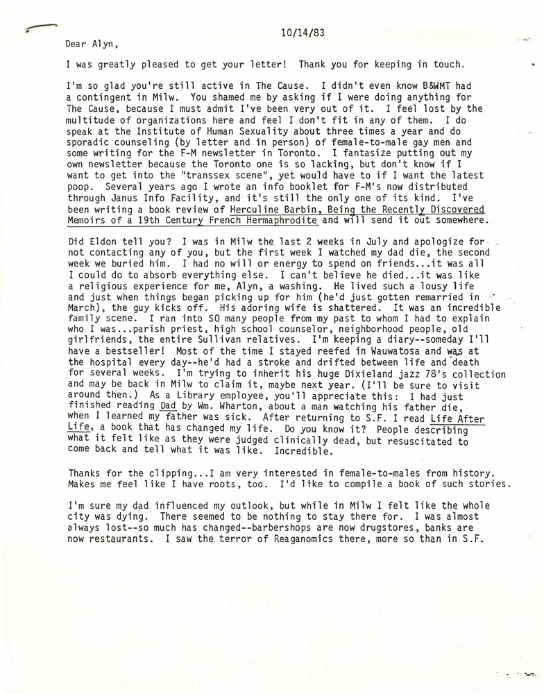 Download the full-sized PDF of Correspondence from Lou Sullivan to Alyn Hess (October 14, 1983)
