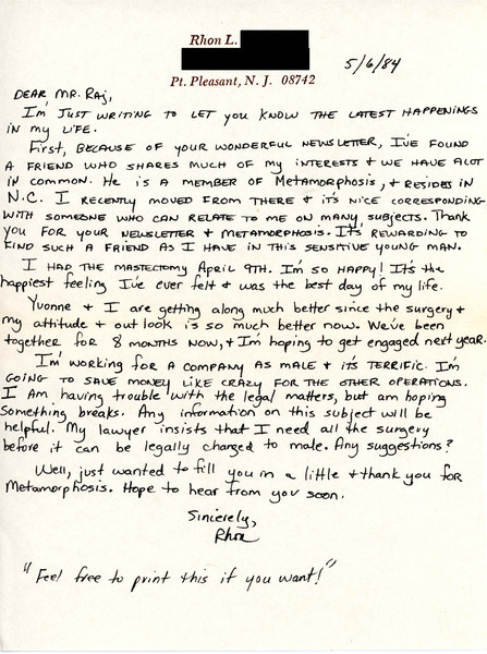 Download the full-sized image of Letter from Rhon L. to Rupert Raj (May 6, 1984)