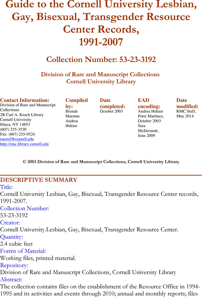 Download the full-sized PDF of Guide to the Cornell Lesbian, Gay, Bisexual, and Transgender Coalition records,  1967-1999