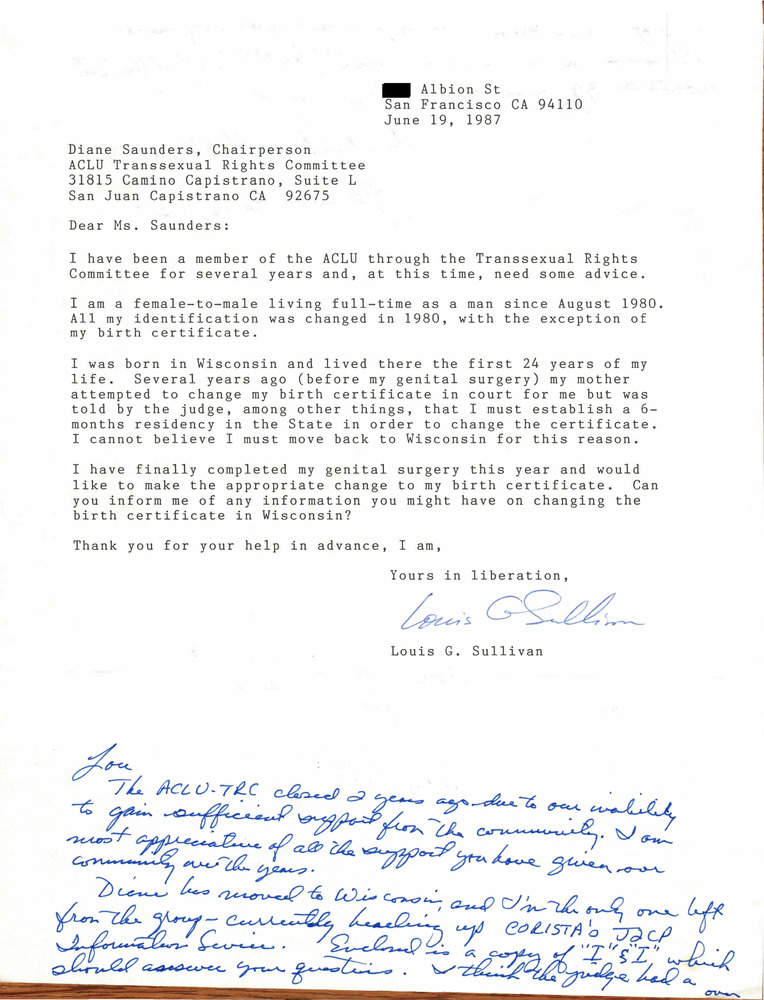 Download the full-sized PDF of Correspondence from Lou Sullivan to Diane Saunders (June 19, 1987)