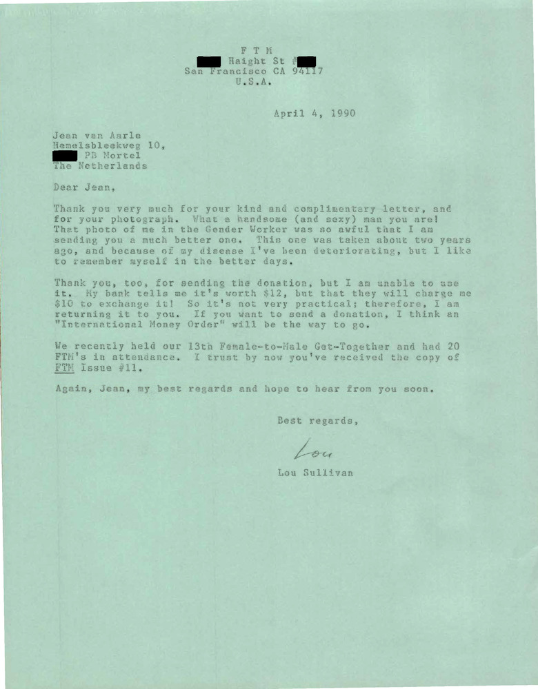 Download the full-sized PDF of Correspondence from Lou Sullivan to Jean Aarle (April 4, 1990)