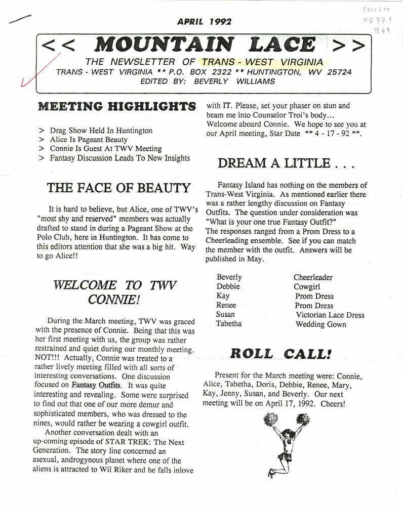 Download the full-sized PDF of Mountain Lace: The Newsletter of Trans - West Virginia (April, 1992)