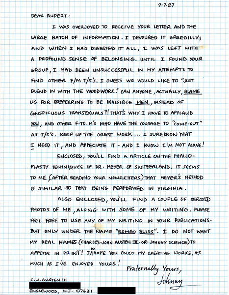 Download the full-sized image of Letter from Charles John Austen III to Rupert Raj (September 7, 1987)