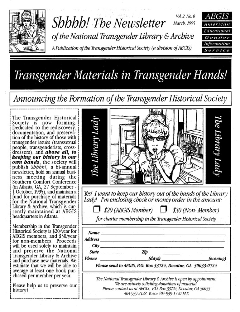 Download the full-sized PDF of Shhhh!: The Newsletter of the National Transgender Library & Archive, Vol. 2, No. 0 (March, 1995)