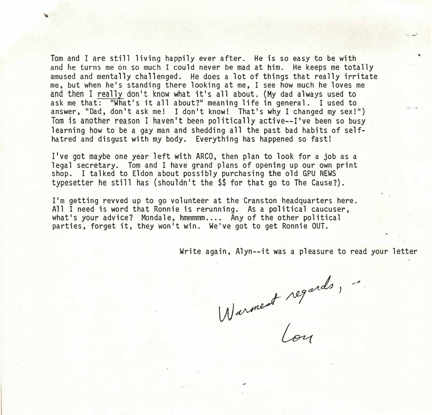 Download the full-sized PDF of Correspondence from Lou Sullivan to Alyn Hess