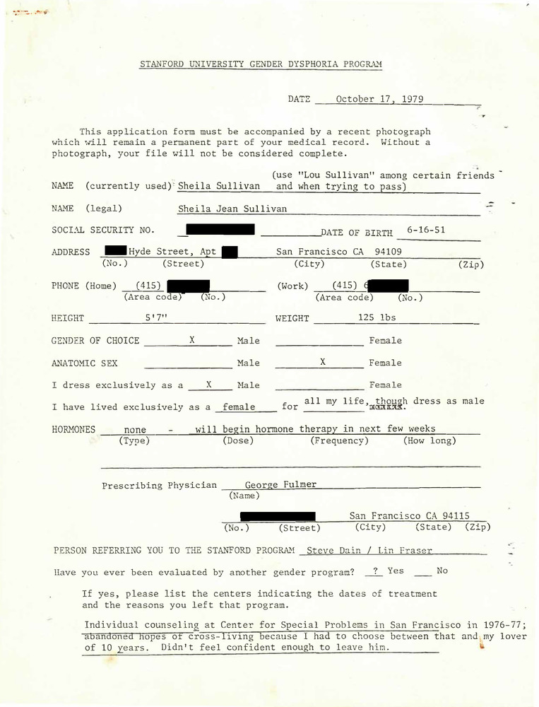 Download the full-sized PDF of Lou Sullivan's Completed Application to the Stanford University Gender Dysphoria Program (October 17, 1979)