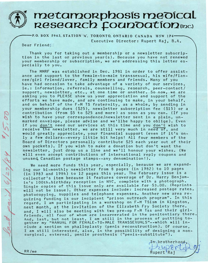 Download the full-sized PDF of Open Letter from Rupert Raj (June 1984)