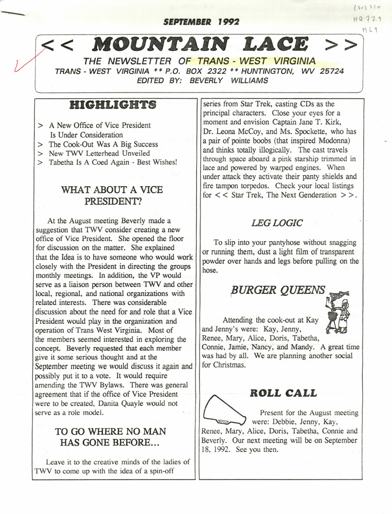 Download the full-sized PDF of Mountain Lace: The Newsletter of Trans West Virginia (September, 1992)