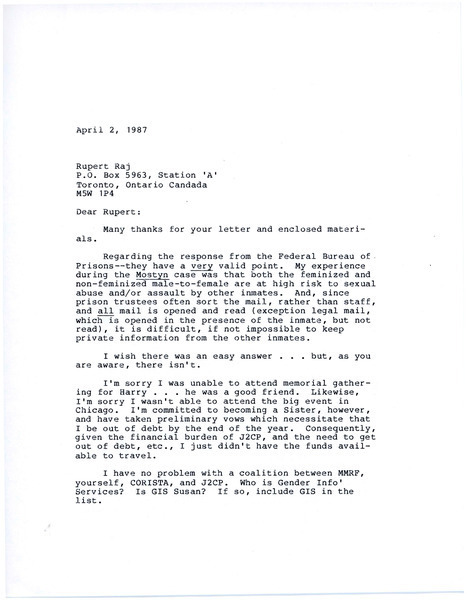 Download the full-sized image of Letter from Joanna M. Clark (April 2, 1987)
