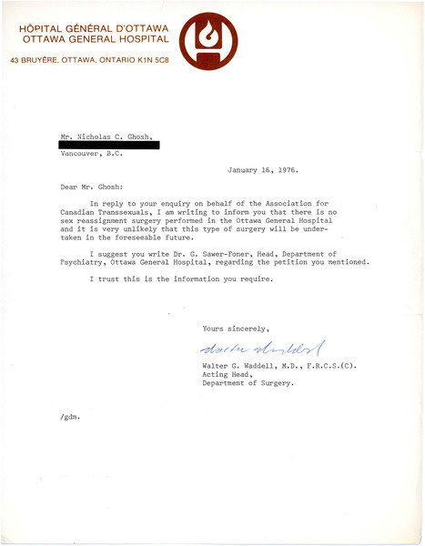 Download the full-sized image of Letter from Walter G. Waddell to Rupert Raj (January 16, 1976)