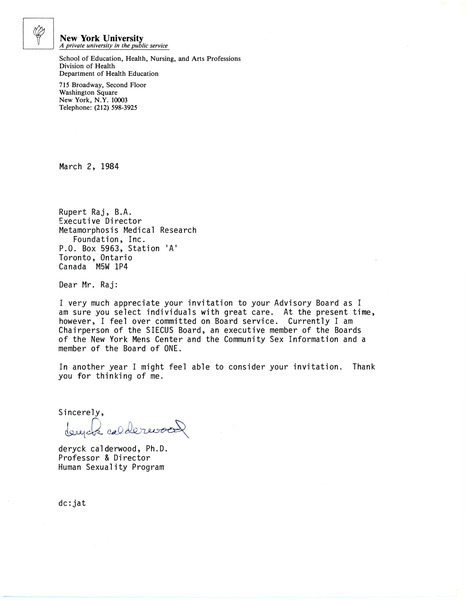 Download the full-sized image of Letter from Deryck Calderwood to Rupert Raj (March 2, 1984)