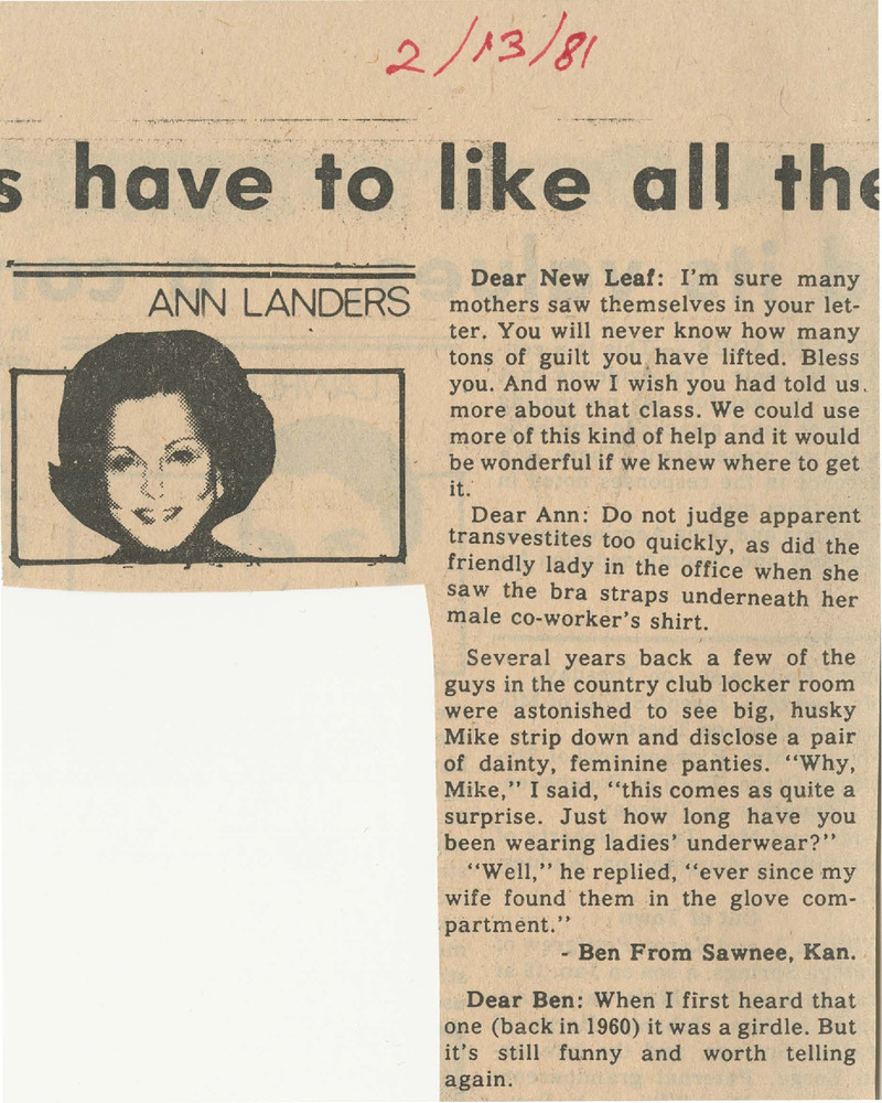 Download the full-sized PDF of Ann Landers Advice Column (February 13, 1981)