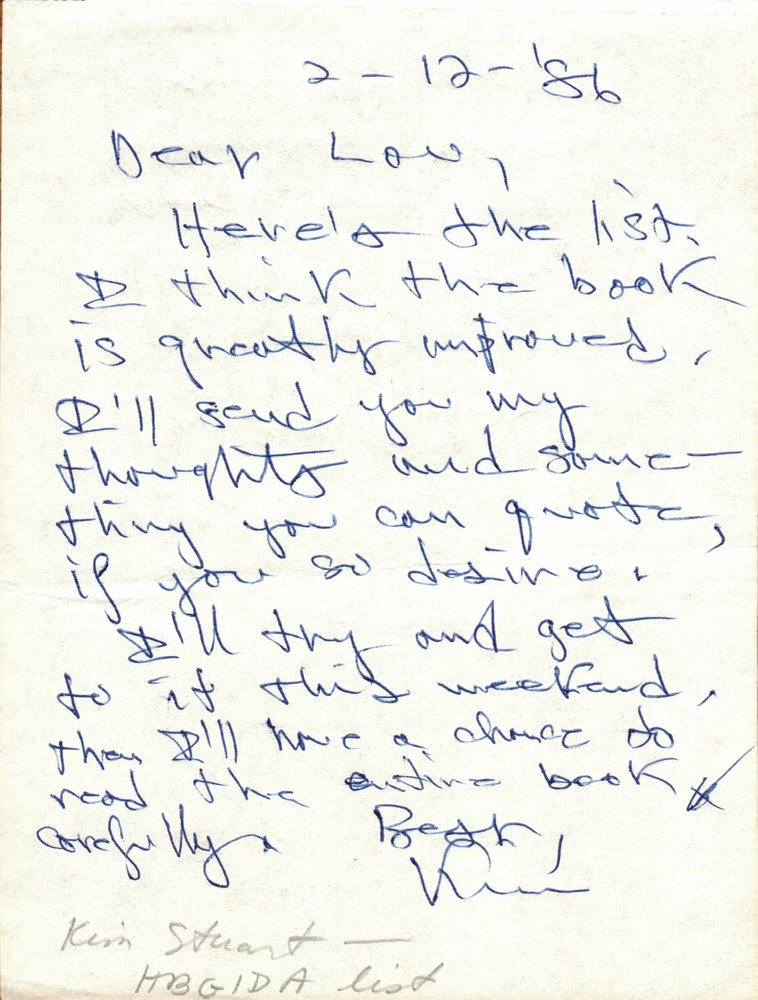 Download the full-sized PDF of Correspondence from Kim Stuart to Lou Sullivan (February 12, 1986)