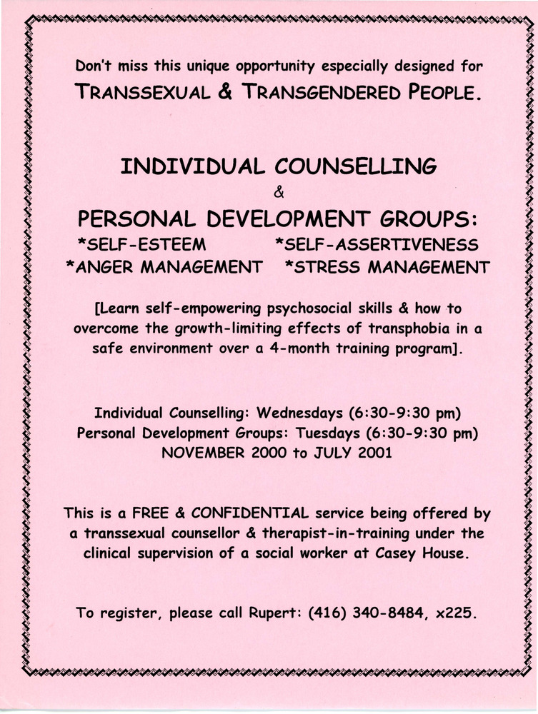 Download the full-sized PDF of Flyer for Individual Counseling and Personal Development Groups for Transsexual and Transgender People