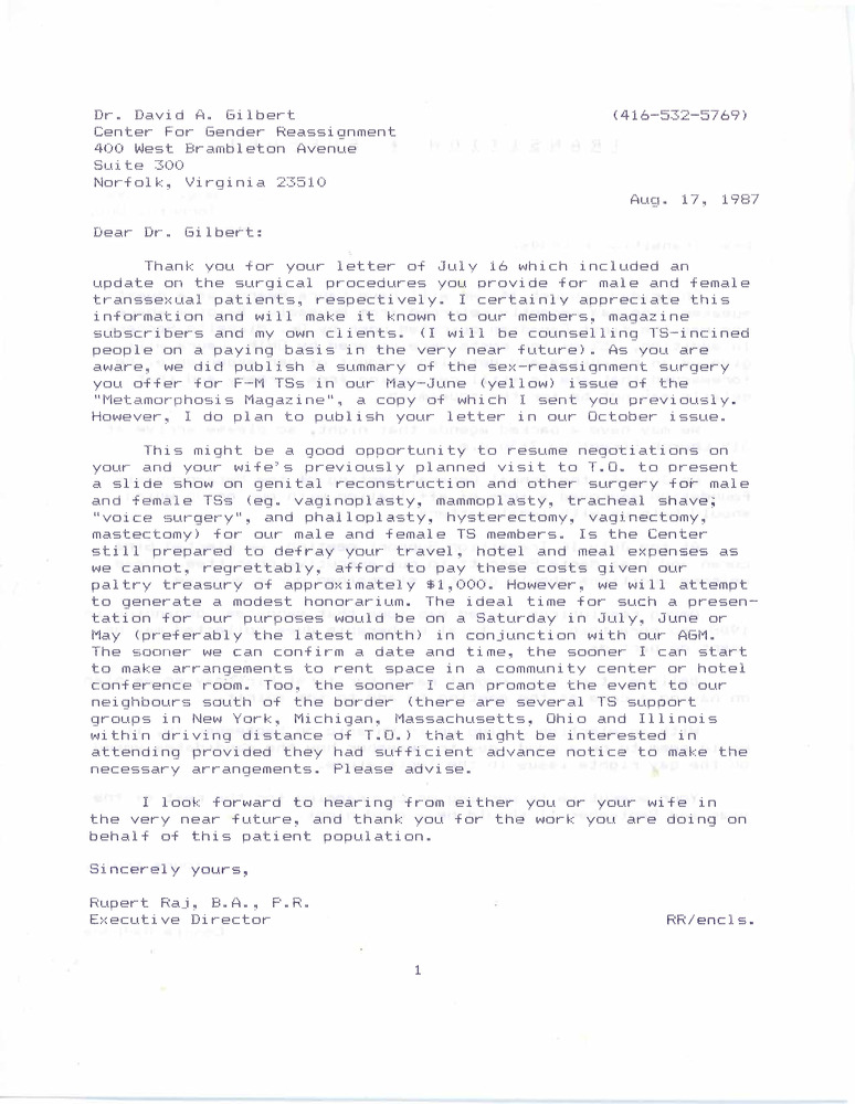 Download the full-sized PDF of Letter from Rupert Raj to Dr. David A. Gilbert (August 17, 1987)