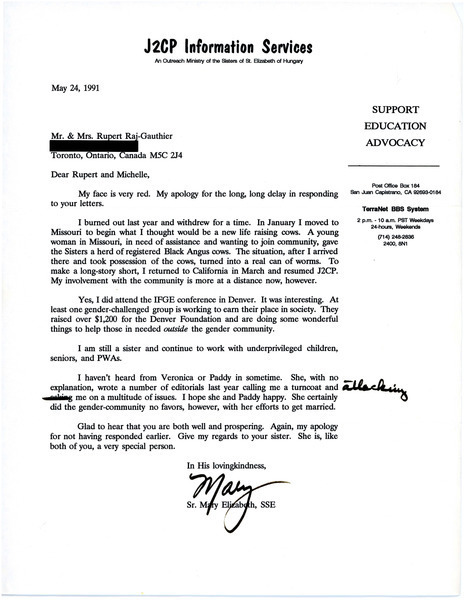 Download the full-sized image of Letter from Sister Mary Elizabeth to Rupert Raj and Michelle (May, 24 1994)